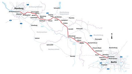 Map overview of the Hamburg–Berlin corridor renovation
