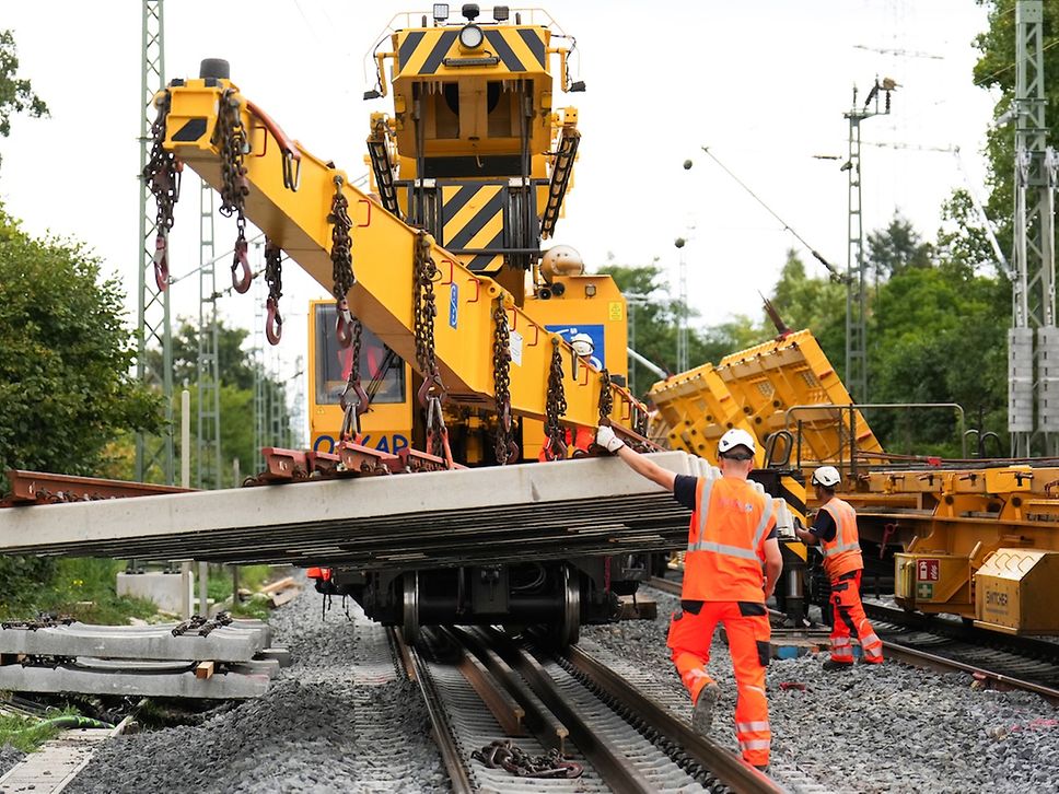 A set of points being installed near Mörfelden with the Oscar track-laying crane