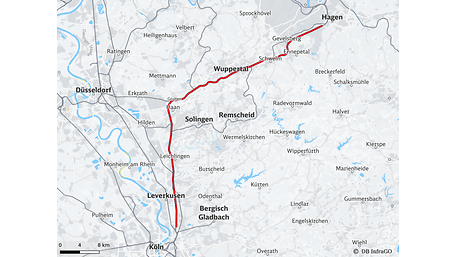 Map overview of the Hagen – Wuppertal – Köln corridor renovation