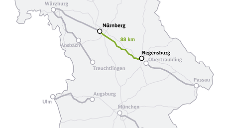 Map overview of the Nuremberg – Regensburg corridor renovation
